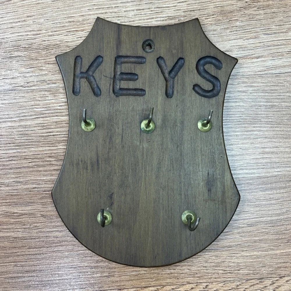 Vintage 1980 Wood Wall Hanging Key‎ Hook Rack with 5 Hooks
